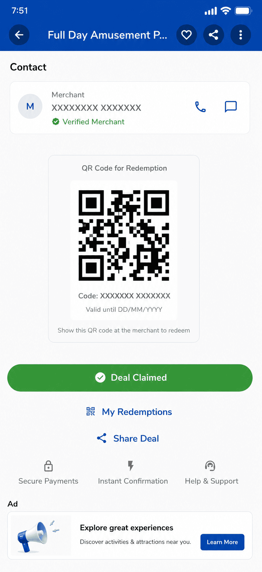 Nearmedeals deal details screen for an amusement park pass, showing terms, the merchant's contact details, and a QR code for redemption with a unique code, valid until a set date