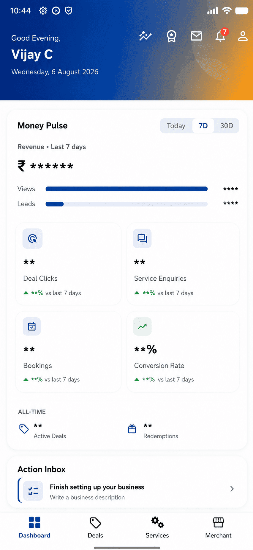 Merchant app dashboard: 7-day revenue, deal clicks, service enquiries, bookings, conversion rate, and an Action Inbox prompt